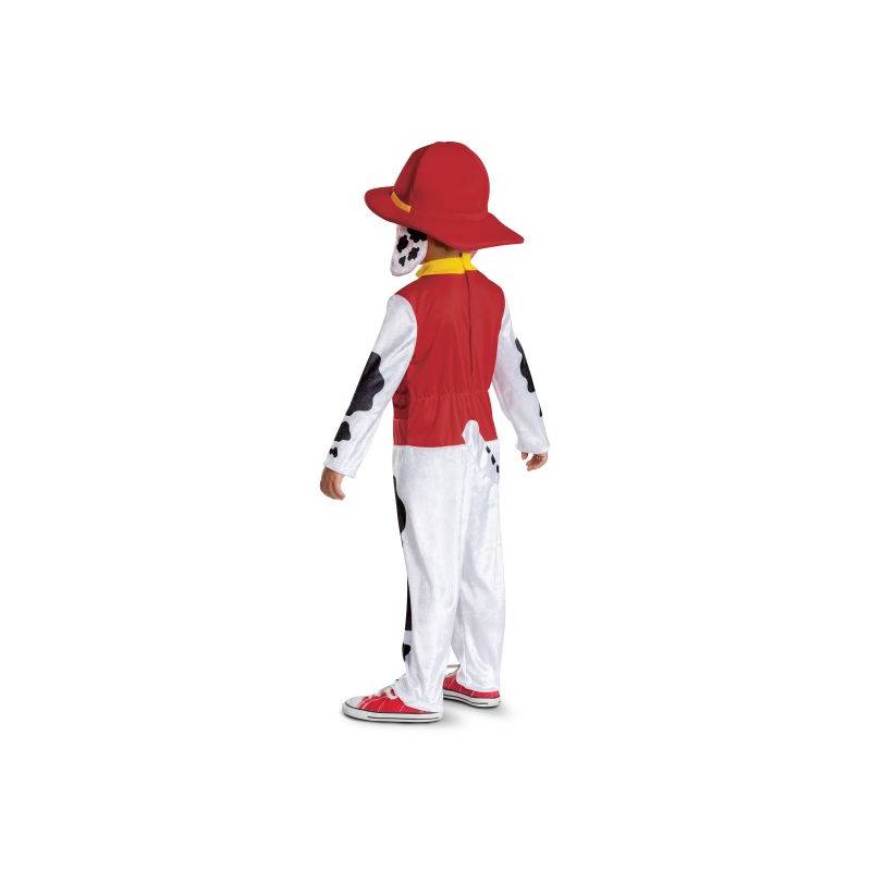Back of Child wearing the official licensed Paw Patrol™ Marshall Deluxe Costume featuring a printed firefighter jumpsuit and matching Marshall firefighter helmet for Halloween and imaginative dress-up play.