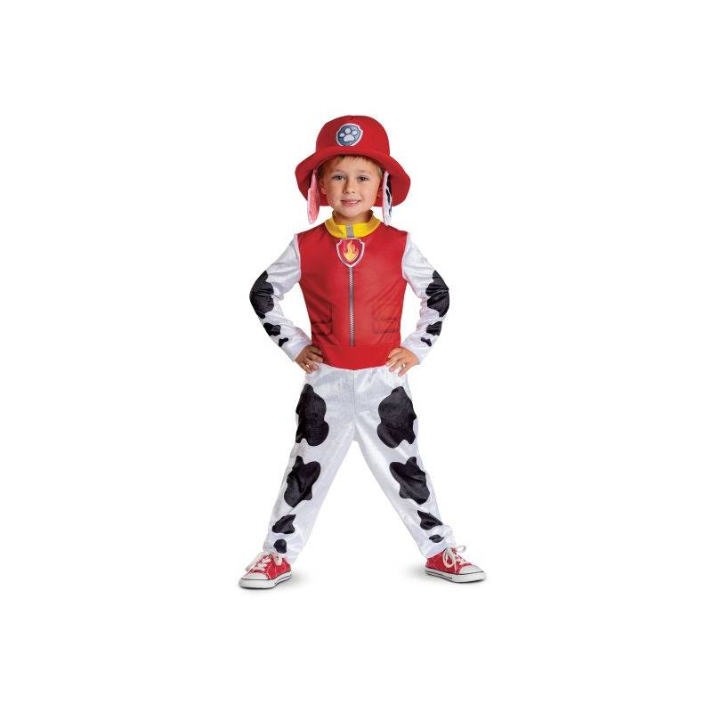 Child wearing the official licensed Paw Patrol™ Marshall Deluxe Costume featuring a printed firefighter jumpsuit and matching Marshall firefighter helmet for Halloween and imaginative dress-up play.
