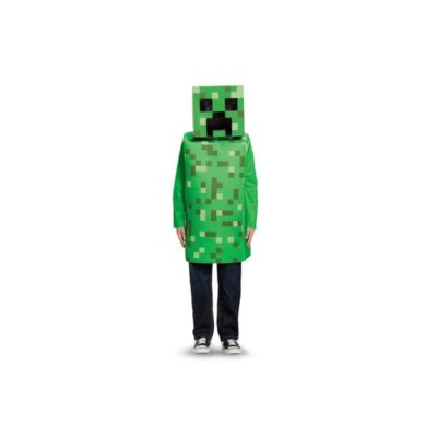 Child wearing an officially licensed Minecraft™ Creeper costume with pixelated green tunic and cube-shaped Creeper headpiece.