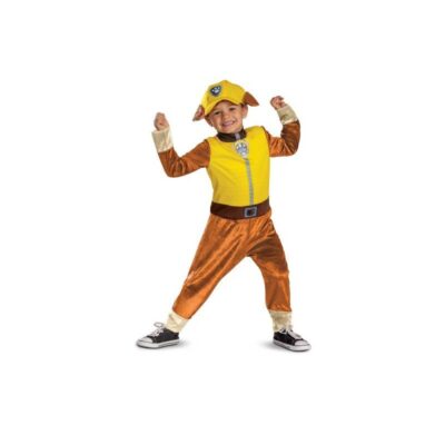 Child wearing an officially licensed Paw Patrol™ Rubble costume with printed construction jumpsuit and yellow character hat with puppy ears.