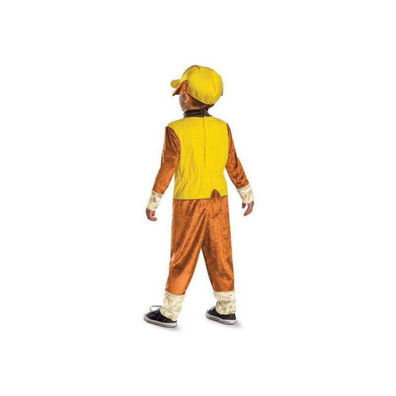 Child wearing an officially licensed Paw Patrol™ Rubble costume with printed construction jumpsuit and yellow character hat with puppy ears.