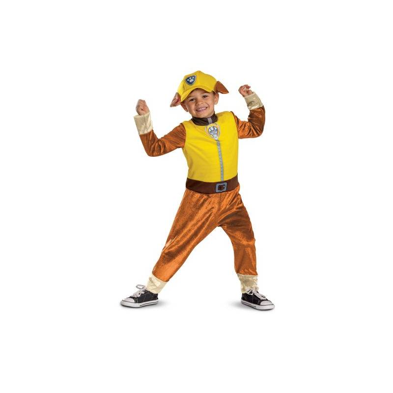 Child wearing an officially licensed Paw Patrol™ Rubble costume with printed construction jumpsuit and yellow character hat with puppy ears.