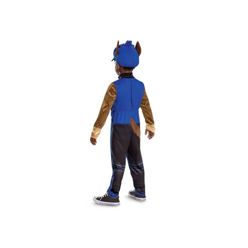 Child wearing the official licensed Paw Patrol™ Chase Deluxe Costume featuring a printed blue police jumpsuit and matching Chase character hat with attached puppy ears for Halloween and dress-up play.