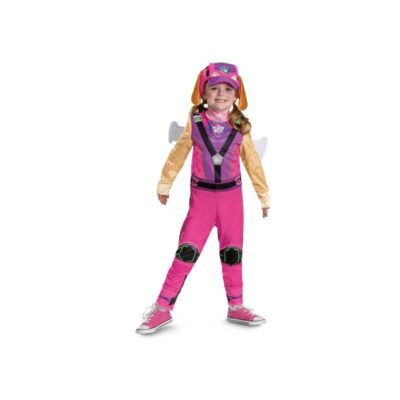 Child wearing the official licensed Paw Patrol™ Skye Deluxe Costume featuring a printed pink flight jumpsuit and matching Skye character hat with attached puppy ears for Halloween and imaginative dress-up play.