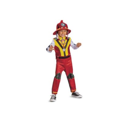 Child wearing the official PAW Patrol™ The Dino Movie Marshall Toddler Costume featuring a printed firefighter jumpsuit and matching Marshall firefighter helmet for Halloween, costume parties, and imaginative dress-up play.
