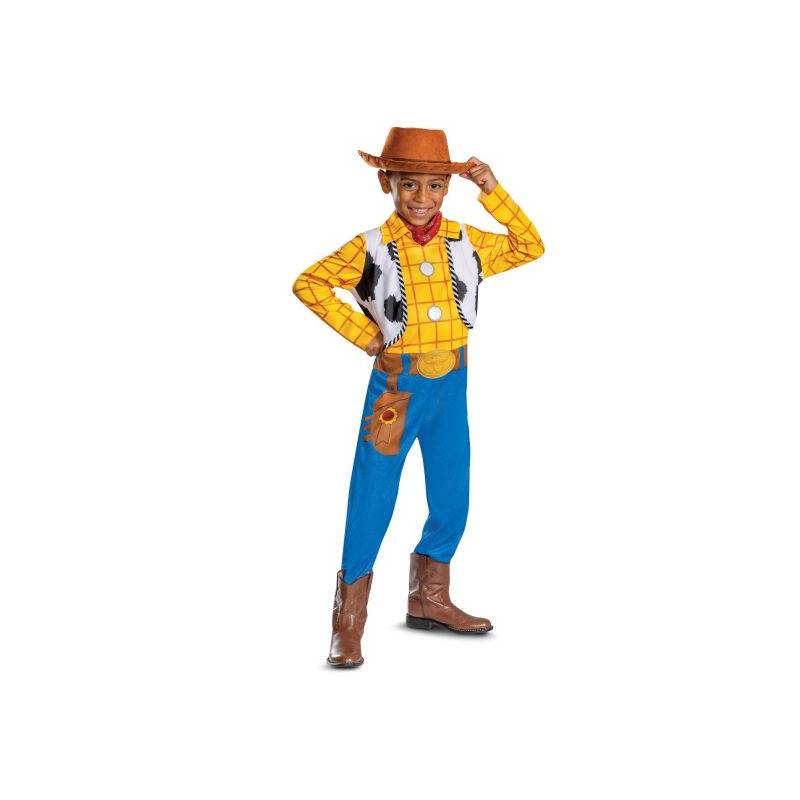 Child wearing the official Disney Pixar Toy Story™ Woody Classic Costume featuring a printed cowboy jumpsuit and signature brown cowboy hat for Halloween, costume parties, and imaginative dress-up play.