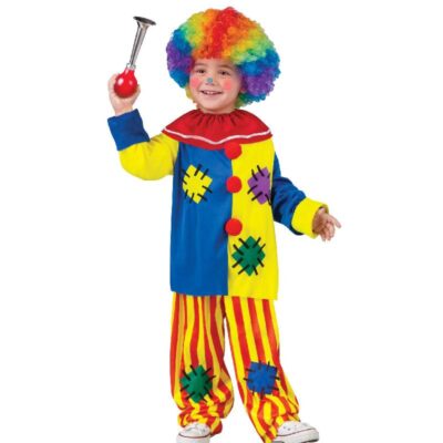 Child wearing the Big Top Clown Costume with a blue-and-yellow patchwork top, red pom-poms, striped pants, and red ruffled collar.