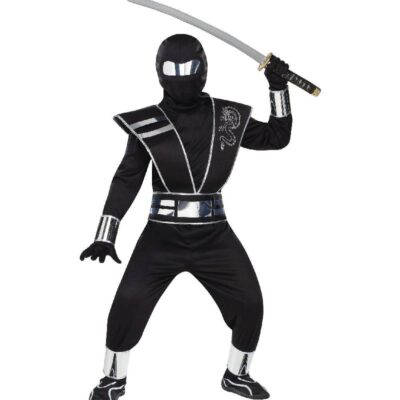 Person wearing a Black Dragon Ninja Costume with a hooded face mask, silver dragon emblem, reflective belt, wrist guards, and shin guards.