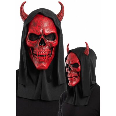 Red Devil Skull Mask with curved horns, blackened skeletal details, exposed teeth, and an attached black fabric hood.