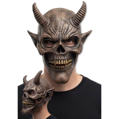 Horned Demon Skull Latex Mask with curved ridged horns, pointed ears, cracked brown bone texture, dark eye sockets, and detailed skeletal teeth.
