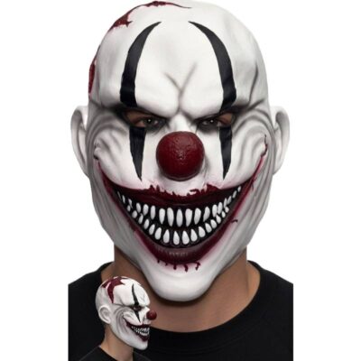 Carneval Fiend Clown Mask with a pale white face, black eye markings, dark red nose, bloody accents, and an oversized tooth-filled grin.