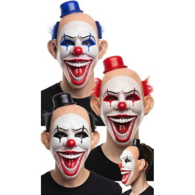 Circus Freak Clown Masks with pale white faces, red noses, oversized toothy grins, miniature top hats, and red, blue, or black hair.