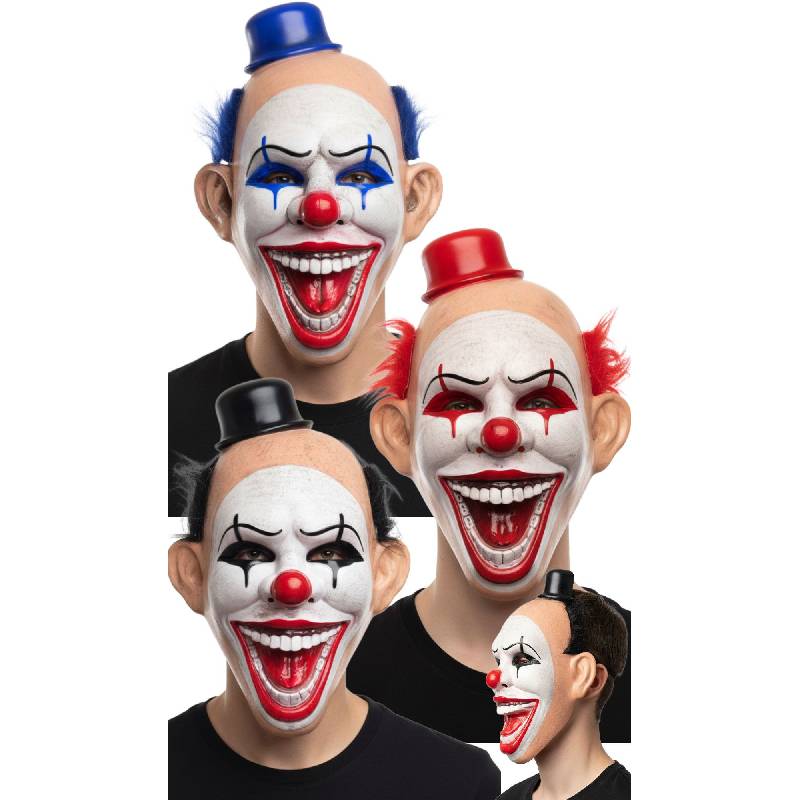 MK1004-MK1005-MK1006-93744-clown-circus-freak-mask-side-view Circus Freak Clown Masks with pale white faces, red noses, oversized toothy grins, miniature top hats, and red, blue, or black hair.