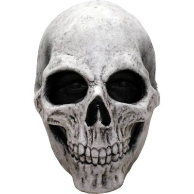 Ghoulish White Skull Latex Mask with a distressed bone finish, deep black eye sockets, sculpted cheekbones, and detailed skeleton teeth.