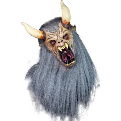 Ghoulish Krampus full over-the-head latex mask featuring towering horns, red eyes, snarling fangs, and a long gray faux fur beard for Halloween and Krampus festivals.