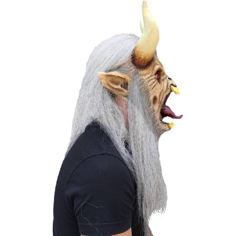 Ghoulish Krampus full over-the-head latex mask featuring towering horns, red eyes, snarling fangs, and a long gray faux fur beard for Halloween and Krampus festivals.