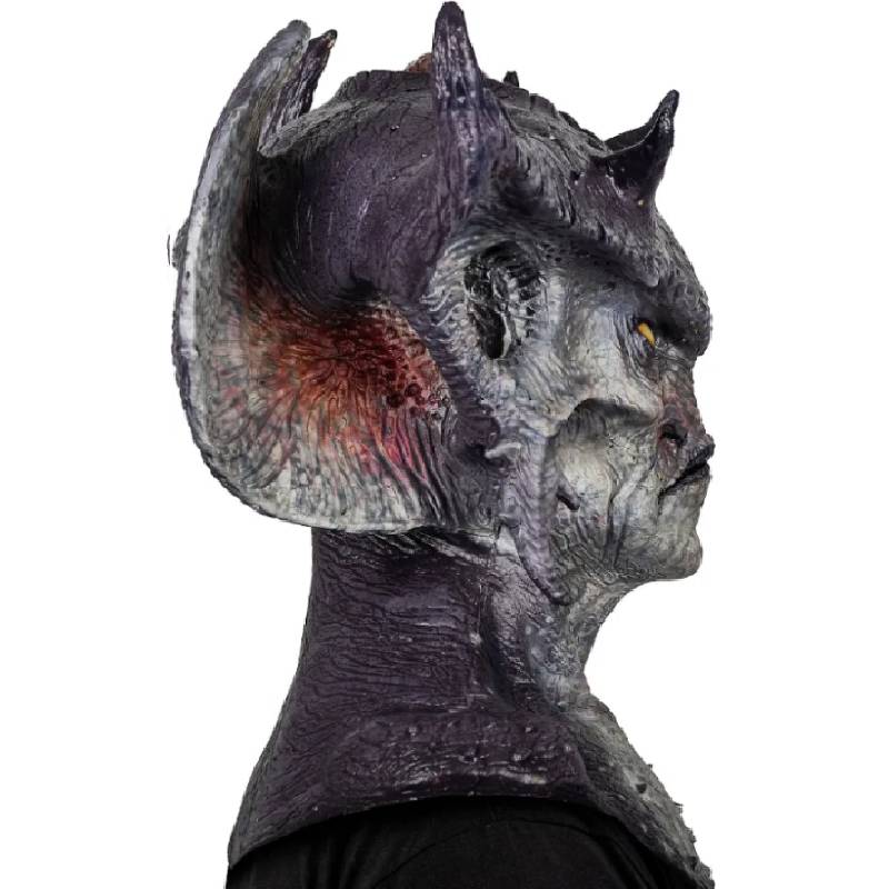 Ghoulish Warlord Mask deluxe full over-the-head latex demon mask featuring large horns, pointed ears, yellow eyes, and realistic monster details for Halloween and cosplay.
