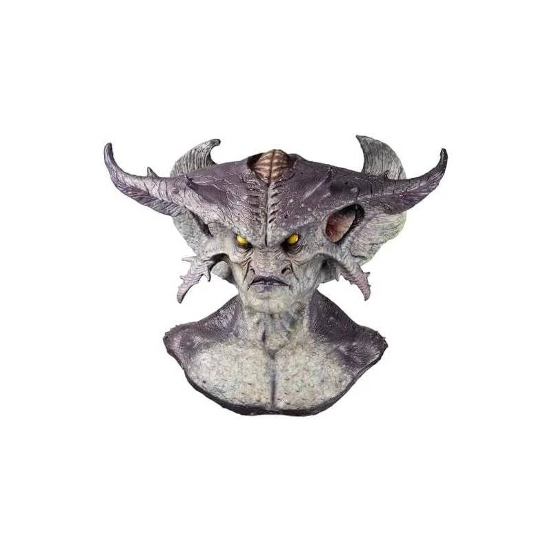 Ghoulish Warlord Mask deluxe full over-the-head latex demon mask featuring large horns, pointed ears, yellow eyes, and realistic monster details for Halloween and cosplay.