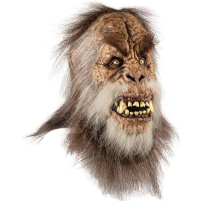 Adult Sasquatch latex mask with attached gray and brown faux fur, snarling face, sharp teeth, and realistic Bigfoot details for Halloween and cryptid costumes.