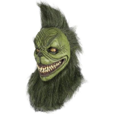 Ghoulish Grumpy Green Monster full over-the-head latex mask featuring reptilian green skin, sharp teeth, yellow eyes, and attached green faux fur for Halloween and horror cosplay.