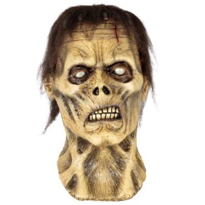 Adult Frankenstein Monster latex mask featuring decayed flesh, white eyes, stitched scars, sparse dark hair, and gruesome horror details for Halloween and monster cosplay.
