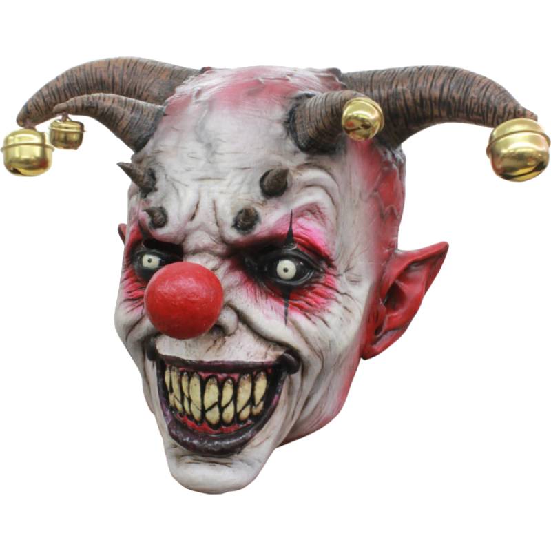 Ghoulish Jingle Jangle Clown premium latex mask featuring curled horns with gold bells, red clown nose, pointed ears, white eyes, and a terrifying grin for Halloween and horror costumes.