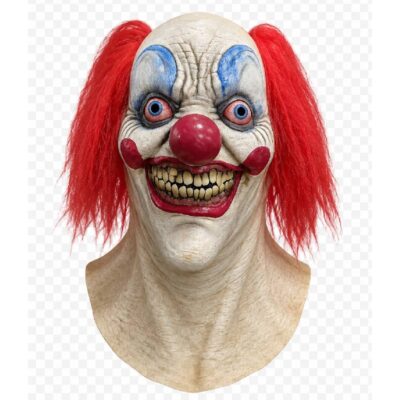 Ghoulish Creepy Smile Mask featuring bright red pigtail hair, oversized red nose, bulging blue eyes, and a terrifying tooth-filled grin on a premium latex Halloween mask.