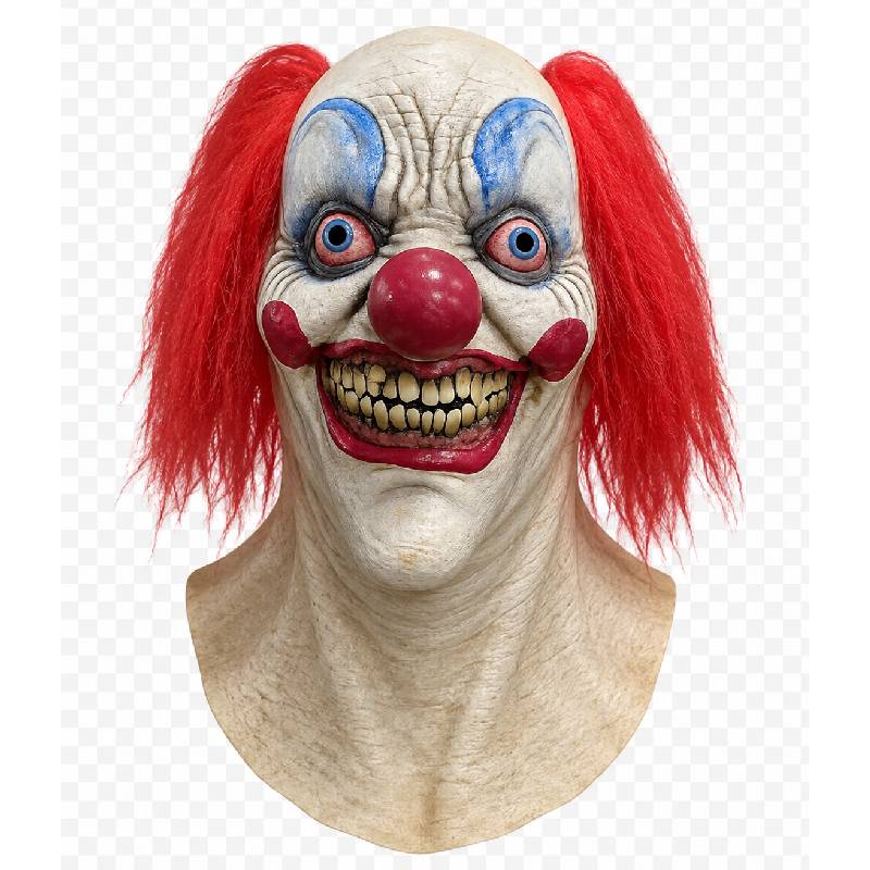 Ghoulish Creepy Smile Mask featuring bright red pigtail hair, oversized red nose, bulging blue eyes, and a terrifying tooth-filled grin on a premium latex Halloween mask.