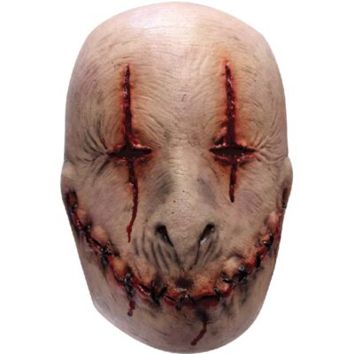 Ghoulish Smiley premium latex horror mask featuring a stitched smile, sewn-shut bloody eyes, and realistic skin texture for Halloween, haunted houses, and horror cosplay.