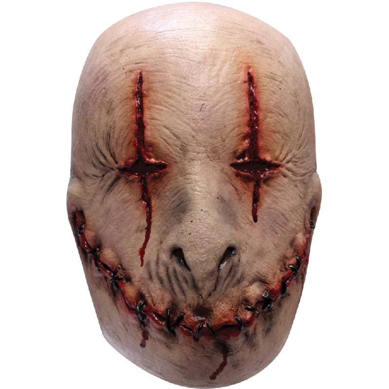 Ghoulish Smiley premium latex horror mask featuring a stitched smile, sewn-shut bloody eyes, and realistic skin texture for Halloween, haunted houses, and horror cosplay.