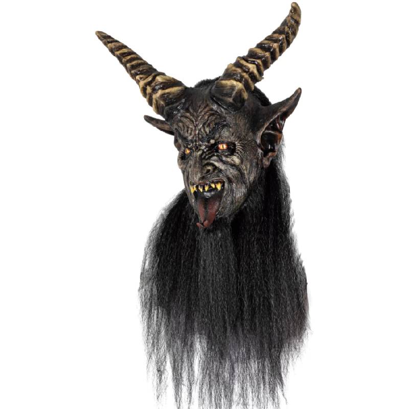 Official Ghoulish Krampen Deluxe latex mask featuring towering twisted horns, glowing amber eyes, sharp fangs, extended tongue, and a long black beard for Krampus and Halloween costumes.
