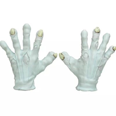 Pair of Ghoulish Evil Clown Monster Hands featuring pale latex skin, long skeletal fingers, oversized cracked fingernails, and realistic horror detailing.