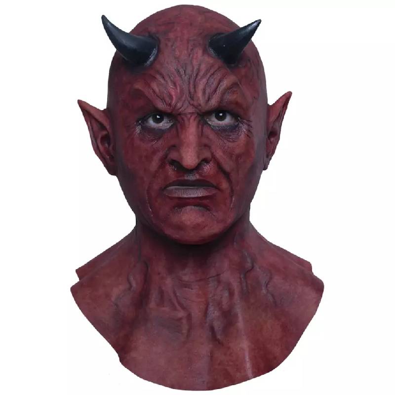 Ghoulish Hyper Masks Lucifer Second Skin full over-the-head latex mask featuring a realistic red devil face with detailed wrinkles, pointed ears, and premium sculpted finish.