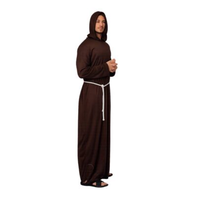 Adult brown hooded monk robe costume with white rope belt, ideal for biblical plays, Renaissance festivals, church productions, and Halloween.
