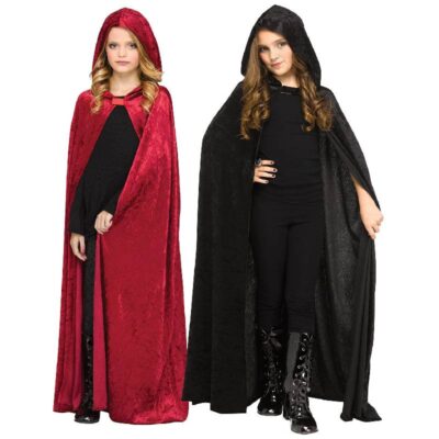 Two children wearing 59-inch hooded velour capes in red and black over coordinating costume outfits.