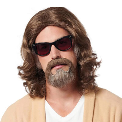 Brown medium-length wavy costume wig with matching goatee for lazy guy and comedy character costumes.