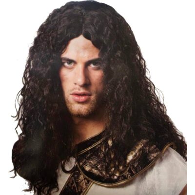 Adult wearing a long black Barbarian Wig with natural curly hair, perfect for Viking, medieval warrior, fantasy cosplay, Renaissance fairs, Halloween, and theatrical costumes.