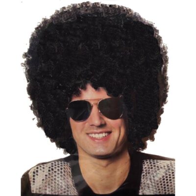 Adult wearing a Super Jumbo Black Afro Wig with oversized curly volume, perfect for 1960s and 1970s disco costumes, retro parties, Halloween, cosplay, and theatrical performances.