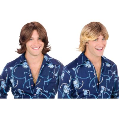 Two adults modeling 70s Classic Feathered Men’s Wigs in brown and blonde with center parts, layered sides, and flipped ends.