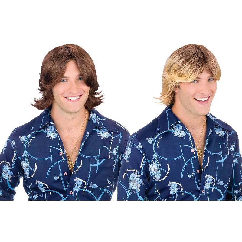 Two adults modeling 70s Classic Feathered Men’s Wigs in brown and blonde with center parts, layered sides, and flipped ends.