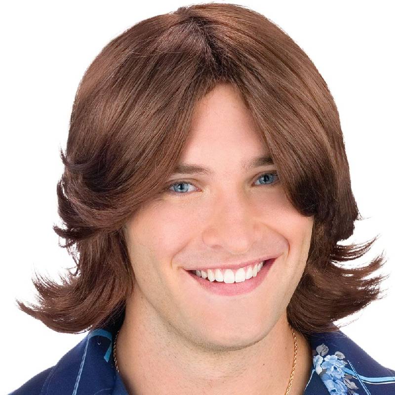 Feathered Men’s Wig in brown with center parts, layered sides, and flipped ends.