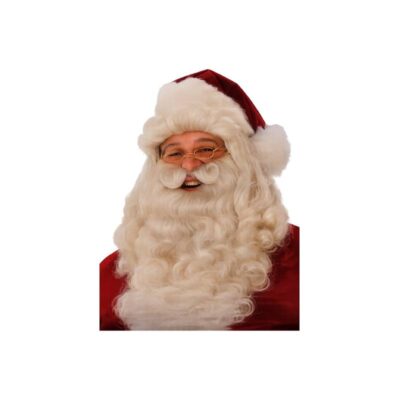Deluxe Santa Claus wig and beard set with matching mustache and traditional red Santa hat for Christmas costumes.