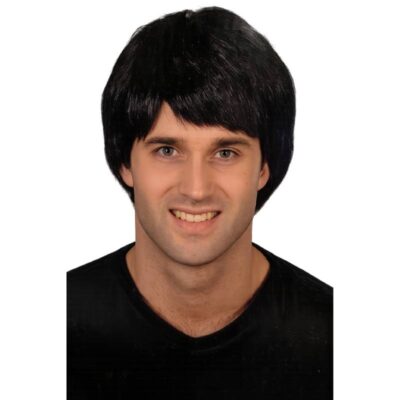 Adult classic black short costume wig with a smooth straight hairstyle for Halloween, cosplay, theater, and themed costume events.