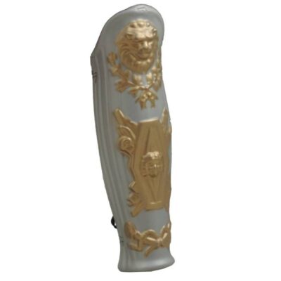 Soft Foam Roman Leg Guard with a silver-tone base, raised gold lion design, and ornate classical decorative accents.