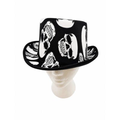 Black Skull Print Top Hat with a tall crown, curved brim, and large white skull graphics for Halloween and gothic costumes.