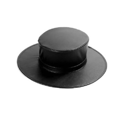 Black imitation leather plague doctor hat with a wide circular brim, flat crown, and smooth faux-leather finish.