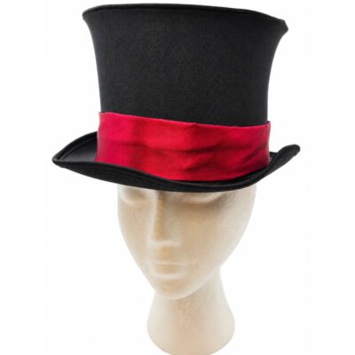 Deluxe Black Top Hat with a tall cylindrical crown, wide curved brim, and bright red satin-style hatband.