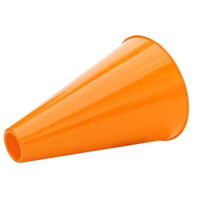 8-inch orange plastic megaphone with classic cone shape for traffic, construction, sports, and costume use.