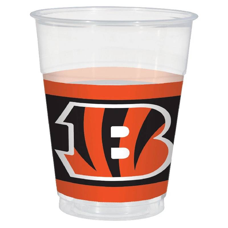 4223301-black-leotard Cincinnati Bengals 16 oz clear plastic cup with orange-and-black team graphics and Bengals B logo from a 25-count NFL party cup package.
