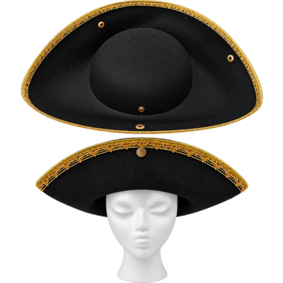 Black Felt Tricorne Hat with traditional three-corner styling, turned-up brim, and decorative gold braid trim.